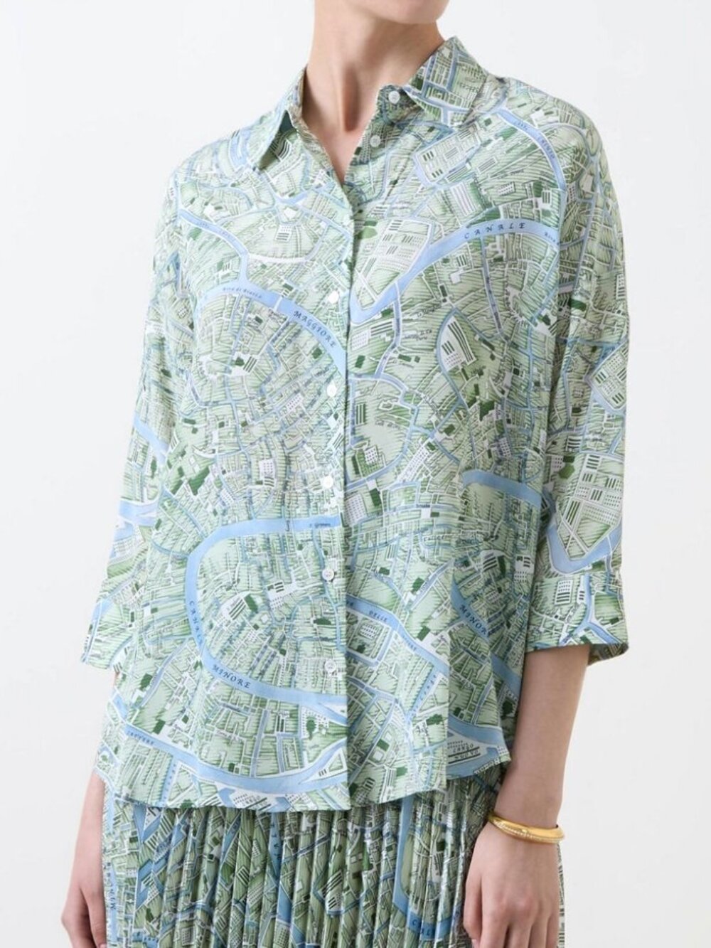 Max Mara Weekend Peana Map Print Silk Shirt Blouse Mint Green Blue Stripe L